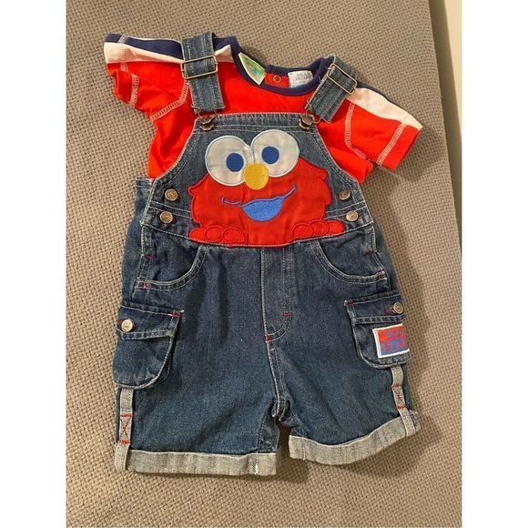 Elmo Other - Vtg Sesame Street Elmo denim overalls Baby Infant 6-9 month denim 2pc outfit